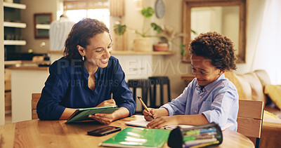 Buy stock photo Education, mother and kid in home for learning, studying and advice for homework with smile. Happy woman, child or books in living room for lesson, language development and pride for son progress