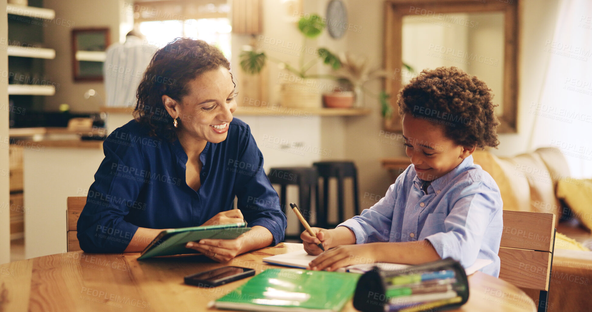 Buy stock photo Education, mother and kid in home for learning, studying and advice for homework with smile. Happy woman, child or books in living room for lesson, language development and pride for son progress