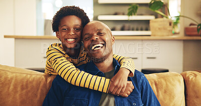 Buy stock photo Hug, laughing and portrait of father with son on sofa in living room of home together for love. Black family, safety or security with boy child and single parent man in apartment for bonding or trust