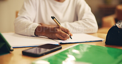 Buy stock photo Hands, education and child with notebook, writing and preparing for exam, growth and development for kid. Home, desk and practice for test, table and studying for knowledge, youth or learning of math