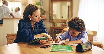 Buy stock photo Education, mother and child writing in home for learning, studying and advice for homework at tablet. Woman, son or books in living room for lesson, language development and information on technology