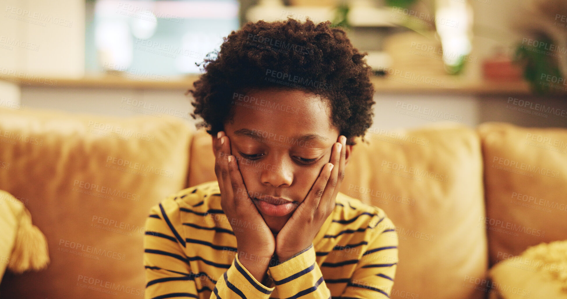 Buy stock photo Stress, sad and child on sofa with fatigue, mental health growth and frustrated loneliness in living room. Relax, bored and tired African boy kid with sleep, thinking and emotional burnout in home