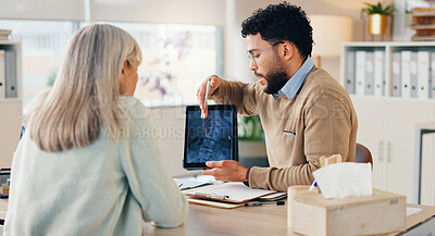 Buy stock photo Xray, spine and tablet screen with doctor and old woman for consulting, orthopedic expert and meeting. Healthcare, medical and mri scan with people in clinic for osteoarthritis, advice and anatomy 
