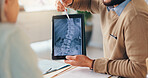 Xray, spine and tablet screen with hands of doctor and old person for consulting, orthopedic expert and meeting. Healthcare, medical and mri scan with closeup for osteoarthritis, advice and anatomy 
