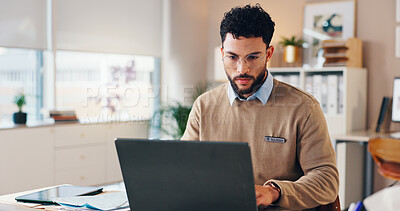 Buy stock photo Doctor, man and typing on laptop in clinic for checking patient information, medical records or treatment research. Healthcare, professional and tech for test results or online prescription in office