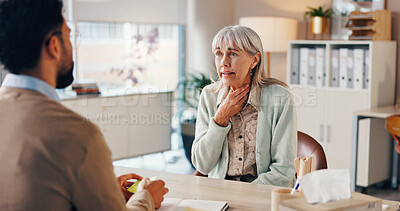 Buy stock photo Mature woman, doctor and sore throat in clinic for medical services or professional opinion. People, symptoms and patient in consultation for appointment, checkup and healthcare with illness or virus