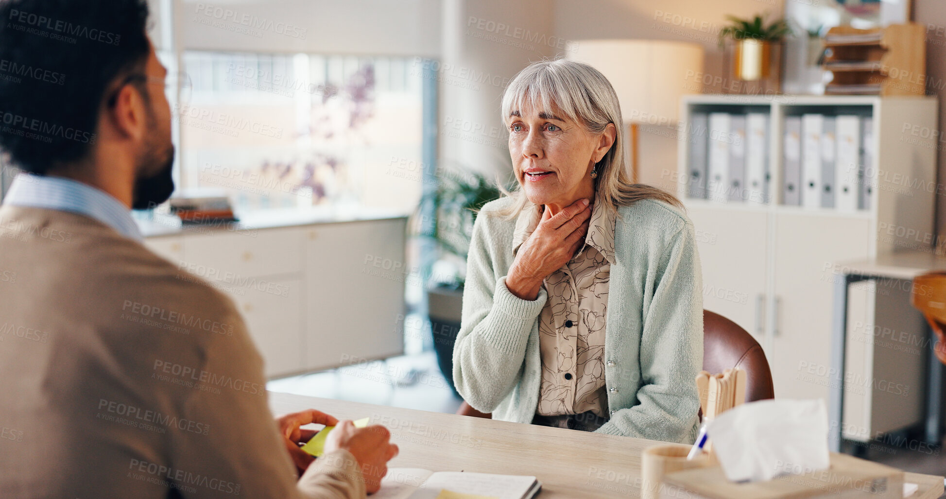 Buy stock photo Mature woman, doctor and sore throat in clinic for medical services or professional opinion. People, symptoms and patient in consultation for appointment, checkup and healthcare with illness or virus