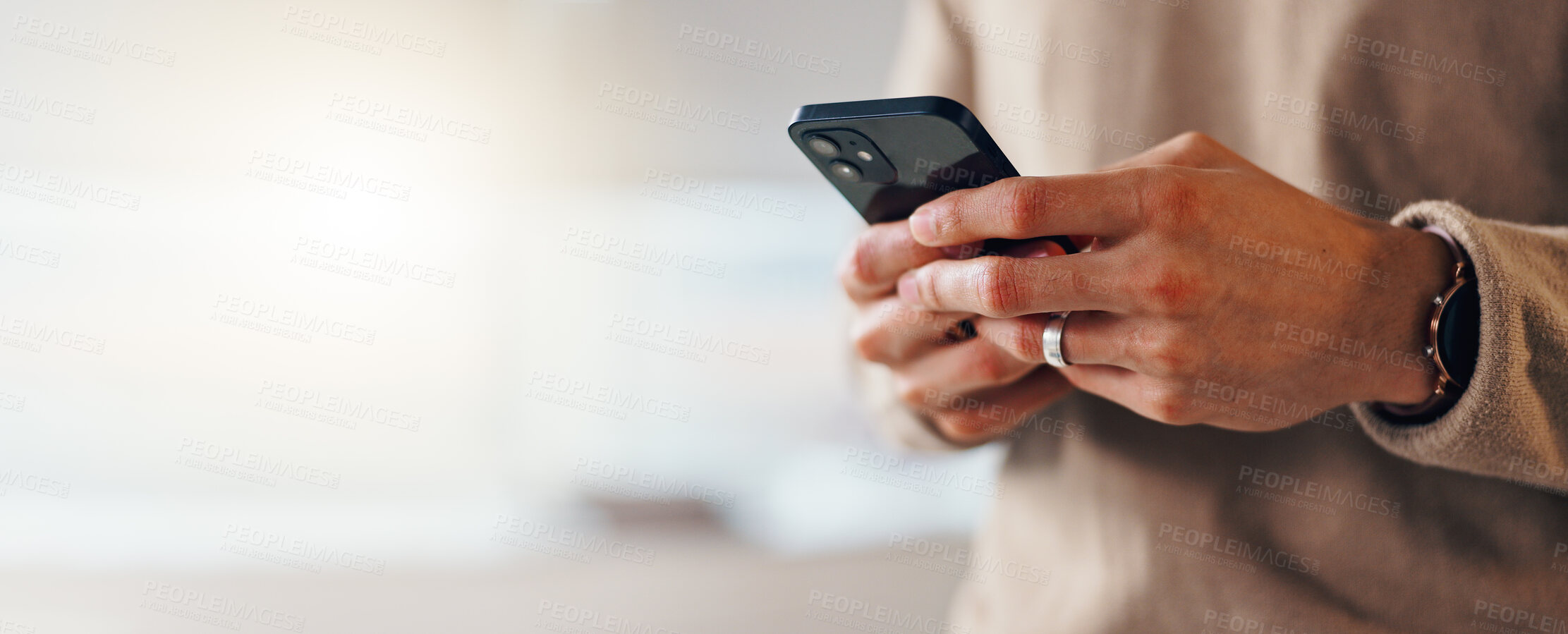 Buy stock photo Banner, hands and businessman in office with smartphone for texting on social media, mockup and website. Break, space and consultant with mobile in workplace for message, technology closeup or app 