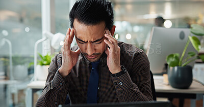 Buy stock photo Frustrated, businessman and headache with stress at office for anxiety, debt or company bankruptcy. Man, employee or fatigue with migraine for pressure, strain or overworked deadline at workplace