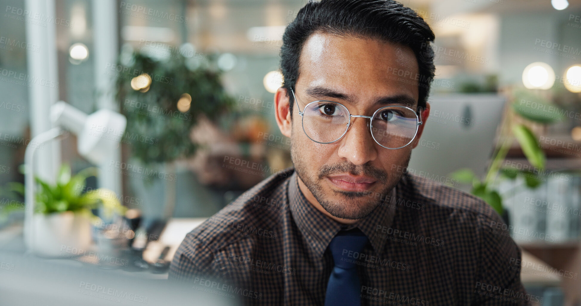 Buy stock photo Portrait, research and man in office with glasses for novel, creative agency or self publishing. Online, entrepreneur and person with vision, computer and editing of ebook for release or writer