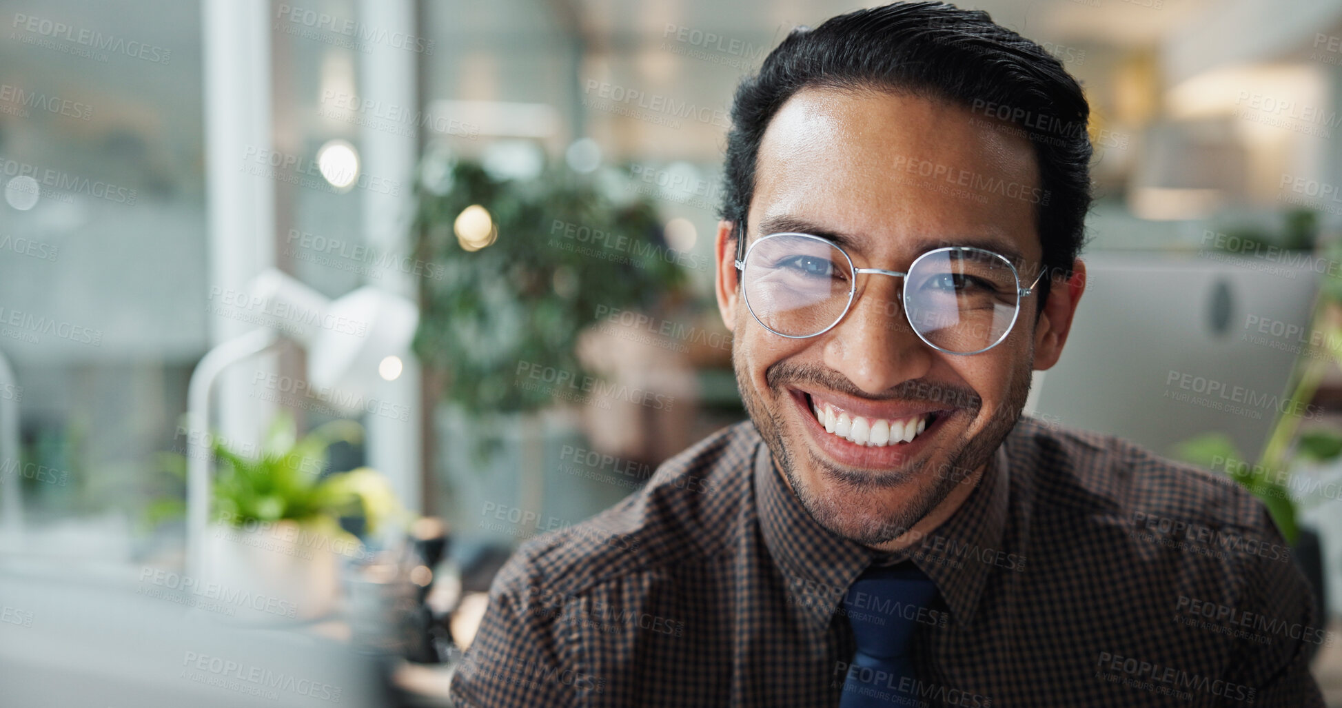 Buy stock photo Asian, research and happy man in office with glasses for proofreading, creative agency or self publishing. Online, smile or entrepreneur with vision, computer and editing of ebook novel with eyewear