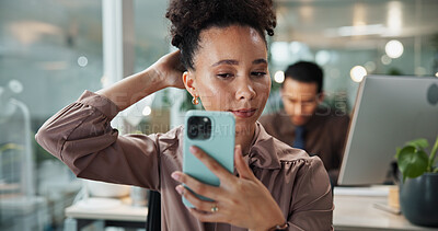 Buy stock photo Business, woman and phone mirror with hair check in office for neat hairstyle, tidy appearance and grooming. Professional, female employee and smartphone to fix hairdo at desk for corporate aesthetic