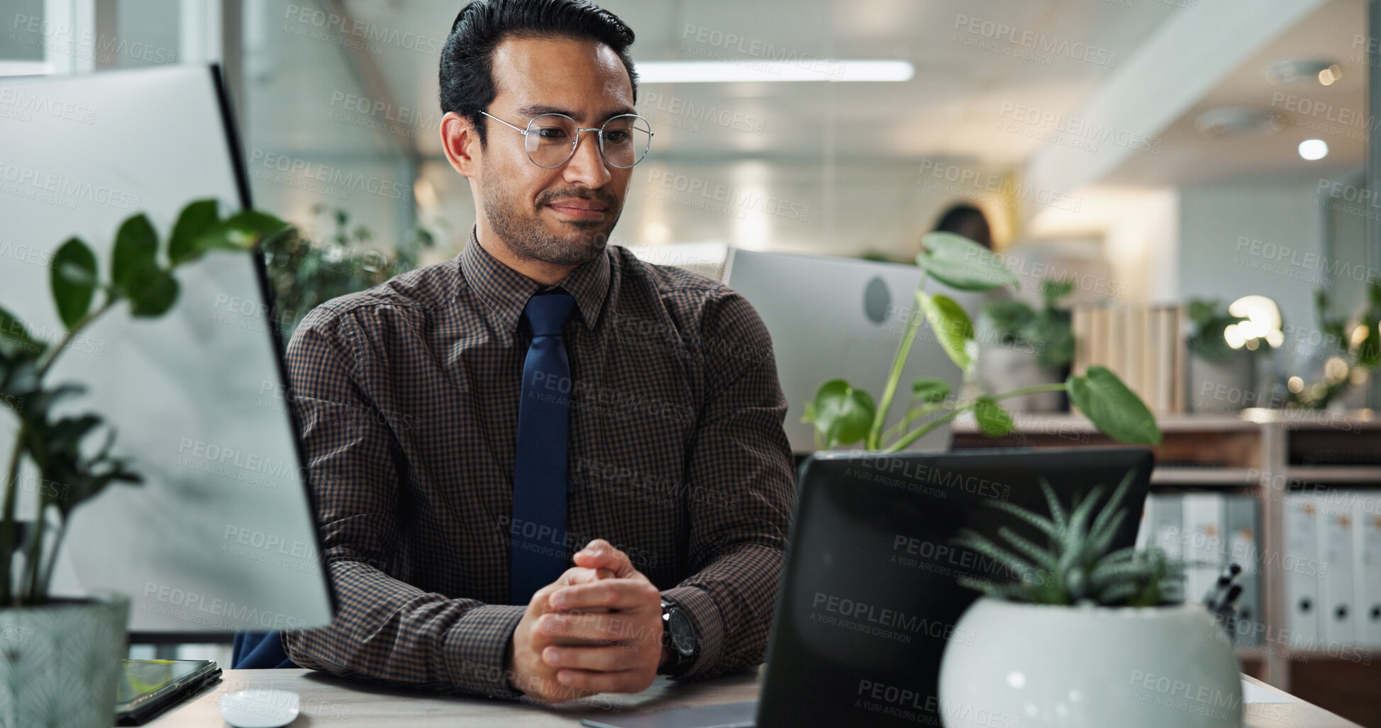 Buy stock photo Asian, confident and businessman in office with laptop for research, creative agency or proofreading. Online, writer or worker with article, computer or pc for editing of ebook novel on technology