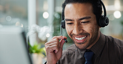 Buy stock photo Asian man, call center or smile in office with mic at law firm with headphones, computer or justice advice. Legal consultant, explain or customer support with dispute resolution service at help desk