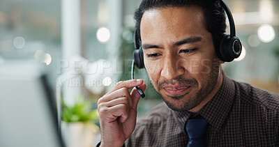 Buy stock photo Asian man, call center or talking in office with mic at law firm with headphones, computer or justice advice. Legal consultant, face or customer support with dispute resolution service at help desk