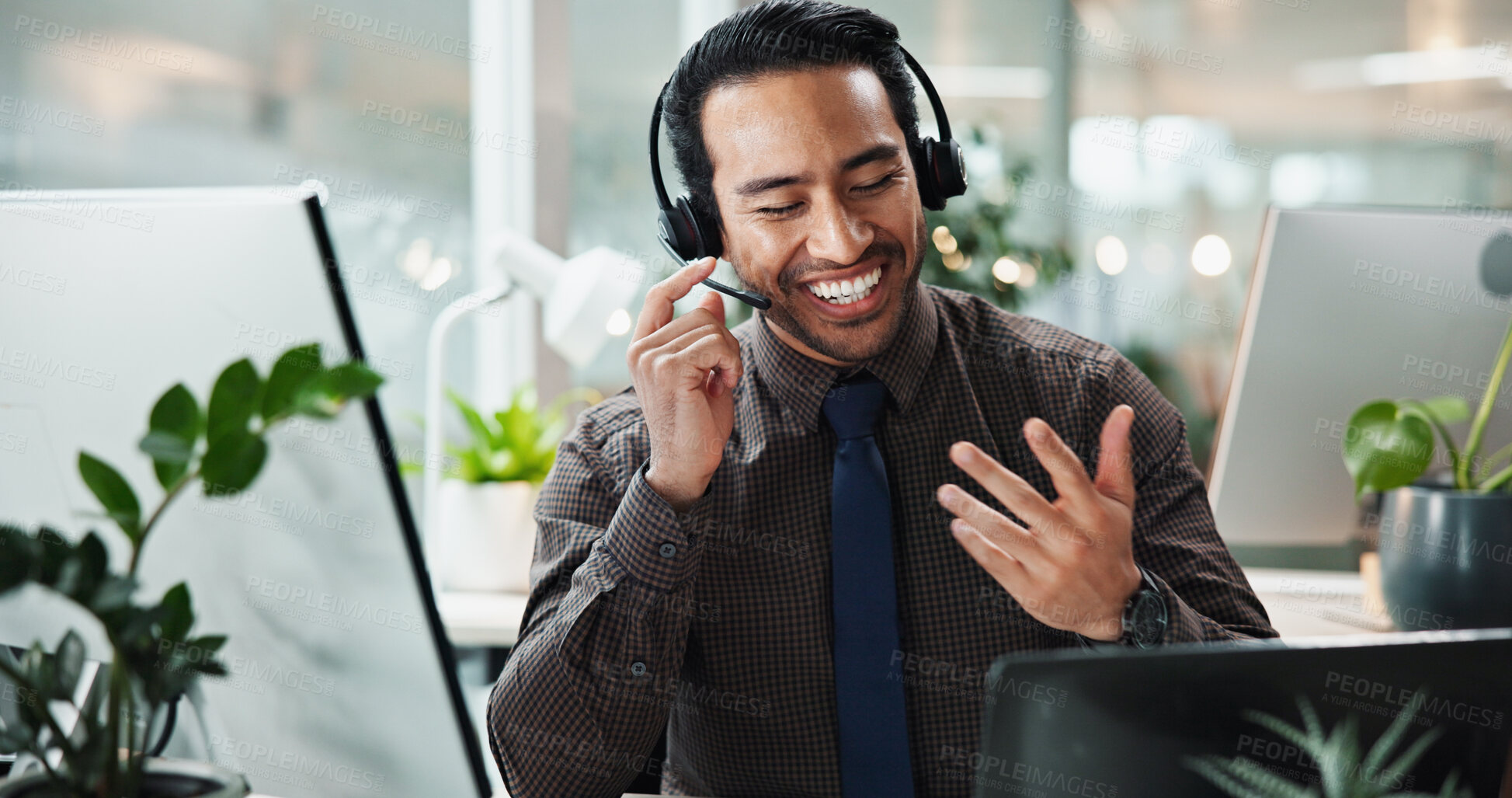 Buy stock photo Asian man, call center or smile in office for contact us at law firm with headphones, mic or justice advice. Legal consultant, explain or customer support with dispute resolution service at help desk