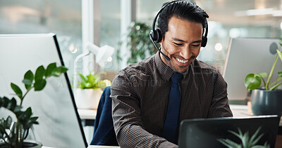 Buy stock photo Happy Asian man, call center or laptop in office for contact us at law firm with mic, smile or justice advice. Legal consultant, typing or customer support for dispute resolution service at help desk