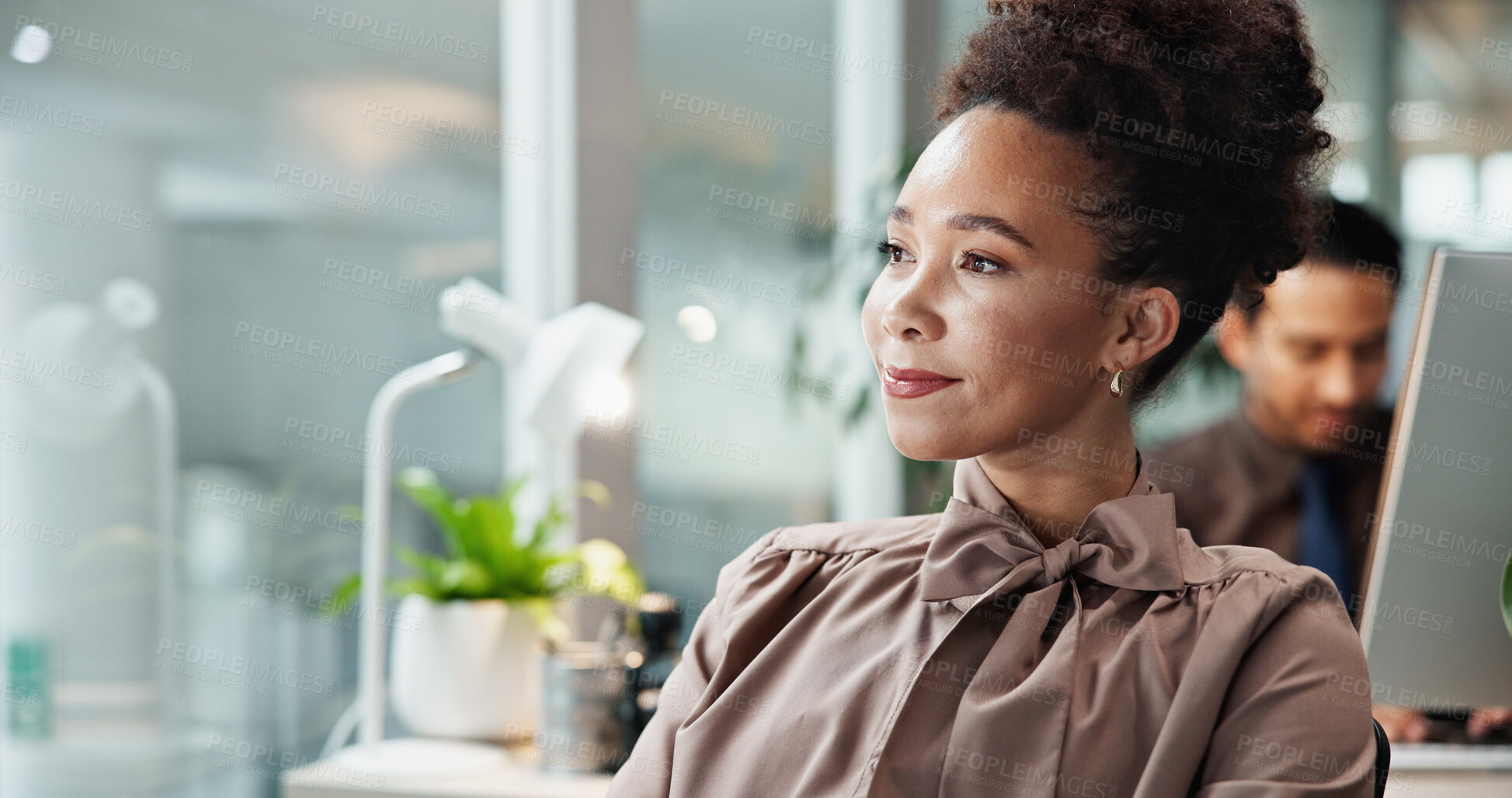 Buy stock photo Office, thinking and woman with ideas for article, research and insight for journalism magazine. Face, female journalist and writer daydreaming in workplace for inspiration, blog post and news story