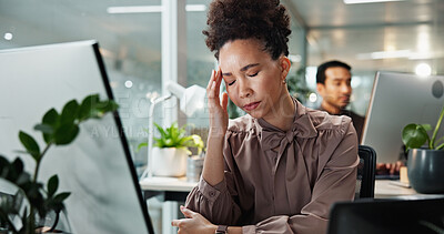 Buy stock photo Frustrated, business woman and vertigo with headache for stress, debt or company bankruptcy at office. Female person, employee or fatigue with migraine for pressure, strain or deadline at workplace