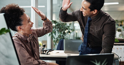 Buy stock photo Happy, business people and celebration with high five at office for winning, promotion or teamwork. Excited, businessman and woman with smile for congratulations, achievement or good job at workplace