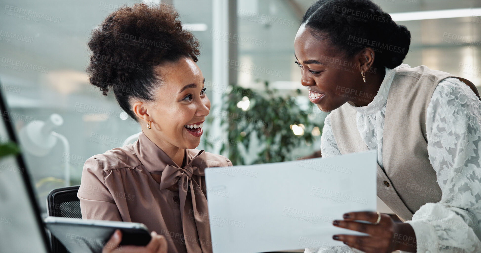 Buy stock photo Business women, accountant and documents with finance for statistics, company report or profit at office. Female people, employees or accounting with paperwork for corporate revenue or good news