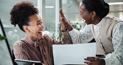 Buy stock photo Happy, business women and celebration with high five at office for winning, promotion or teamwork. Excited, female people or colleagues with smile for congratulations or achievement at workplace