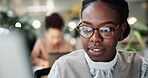 Glasses, computer and reading with business woman in office for planning, website and email. Company newsletter, project and internet with employee in agency for technology, professional and search