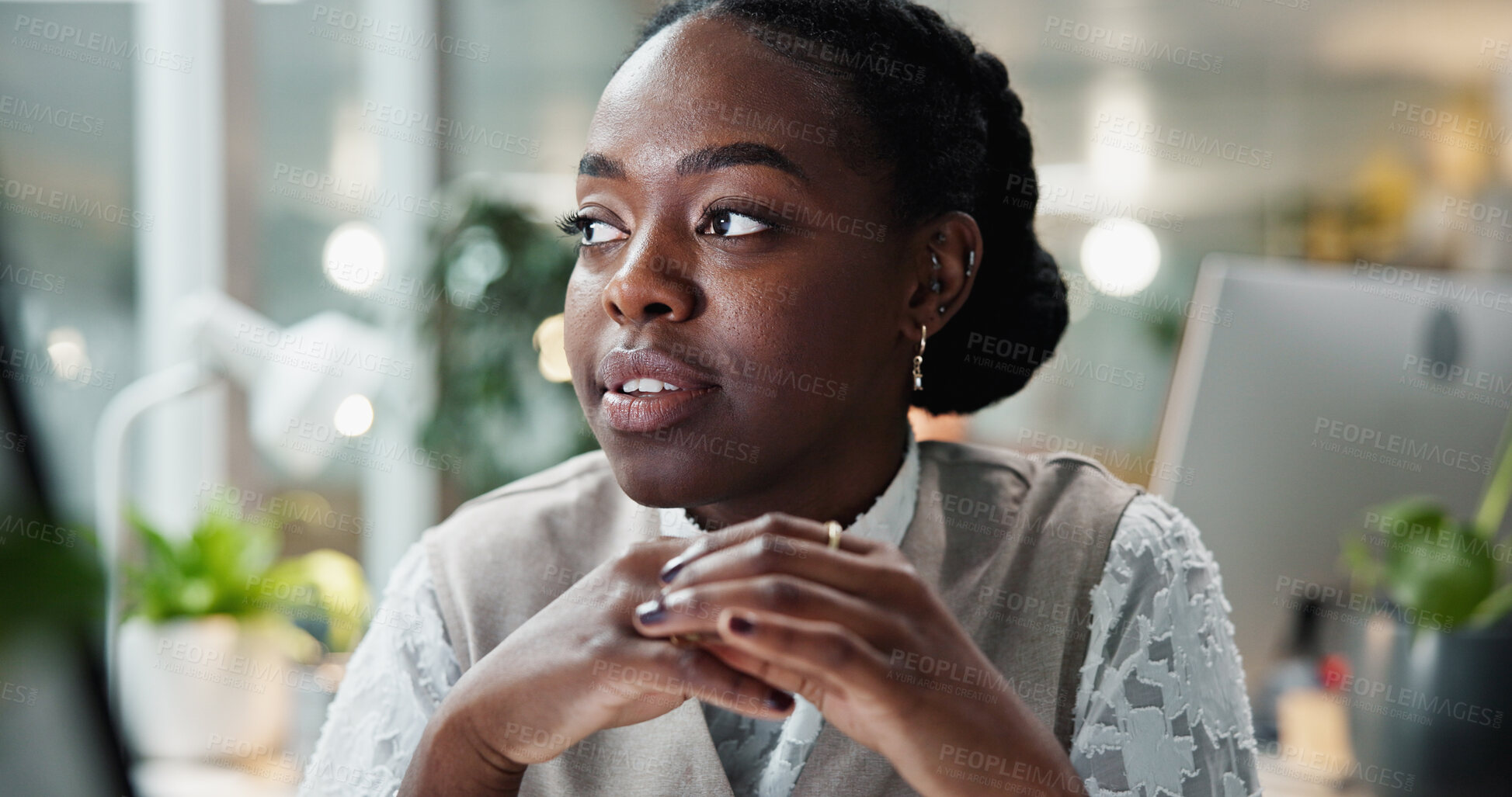 Buy stock photo Office, thinking and black woman with ideas for journalism, research and insight for article. Face, female journalist and African writer daydreaming in workplace for inspiration, blog post and story