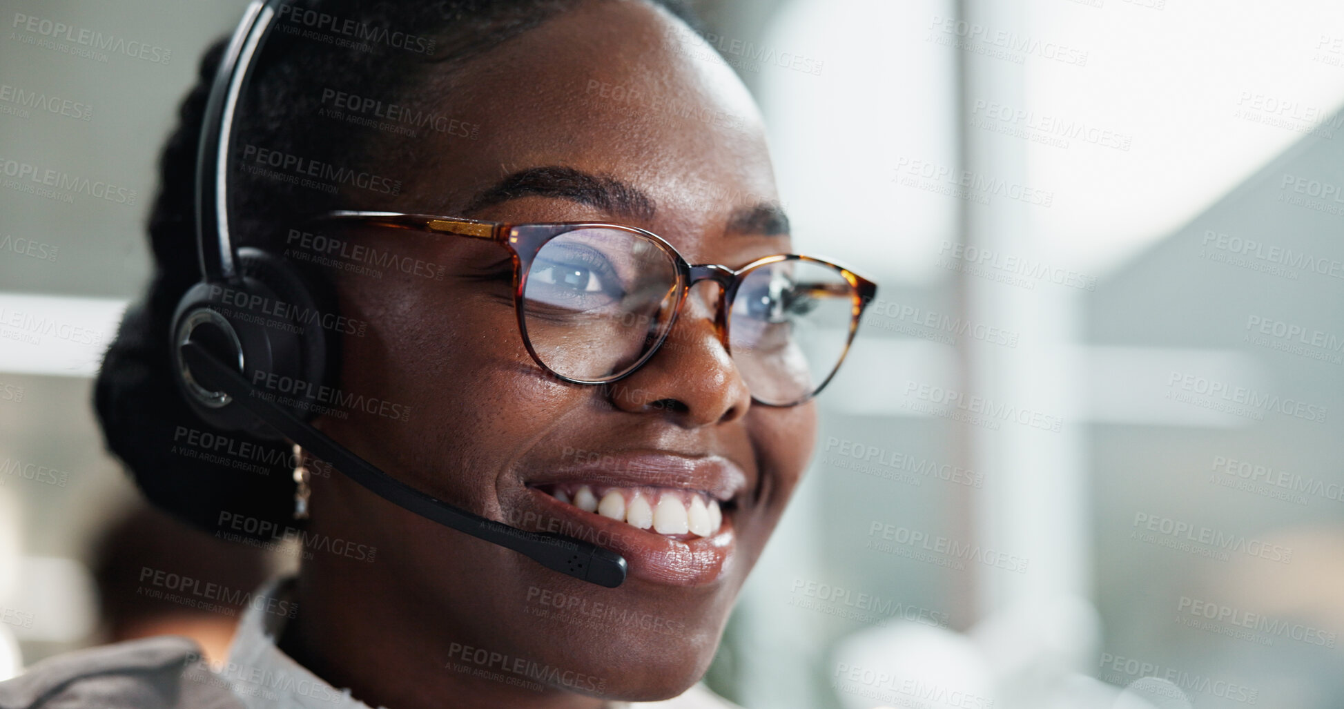 Buy stock photo African woman, call center or smile in office to contact us at law firm with headphones, mic or justice advice. Legal consultant, face or customer support with dispute resolution service at help desk