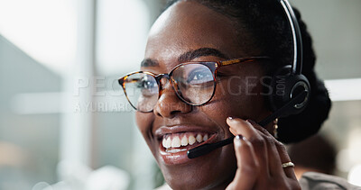 Buy stock photo African woman, happy or mic in call center customer service at law firm with headphones, smile or justice advice. Glasses, face or legal consultant talking for dispute resolution support at help desk