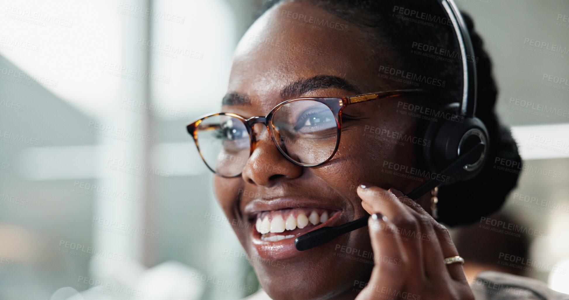 Buy stock photo African woman, happy or mic in call center customer service at law firm with headphones, smile or justice advice. Glasses, face or legal consultant talking for dispute resolution support at help desk