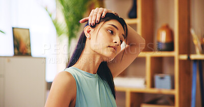Buy stock photo Stretching, neck and woman with exercise routine for calm, strong muscle and mental health. Female person, training and healthy in home for posture, relief and fitness as pilates workout or practice