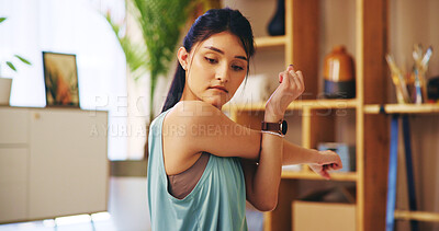 Buy stock photo Stretching arms, fitness and woman for exercise routine with calm, relax and warm up practice. Female person, training and zen in home with balance, peace or wellness for mental health in living room