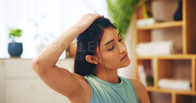 Buy stock photo Stretching, neck and female person with exercise routine for calm, strong muscle and mental health. Woman, training and healthy in home for posture, relief and fitness as pilates workout or practice