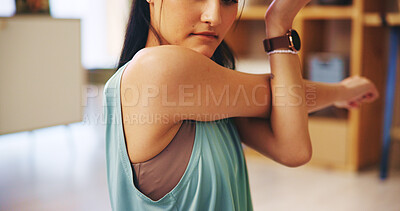 Buy stock photo Stretching arms, wellness and woman in exercise routine for calm, relax or mental health. Female person, training and zen in home for balance, peace and fitness as pilates workout or warm up practice