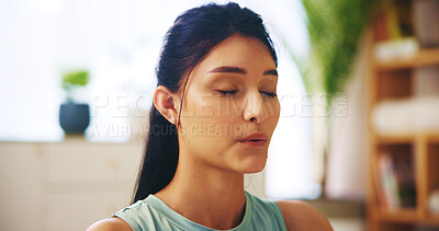 Buy stock photo Breathing, meditation and woman for zen, relax and spiritual practice in home for morning routine. Female person, yoga pose and exercise for mindfulness, balance and calm in wellness or mental health