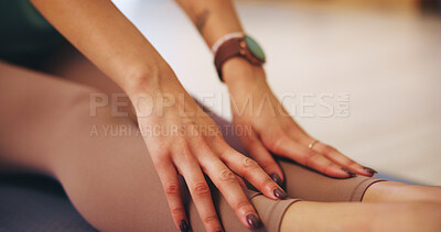 Buy stock photo Stretching legs, yoga and woman in home for calm, relax and pilates practice as activity or routine. Person, warm up and exercise mat with mindfulness, balance and peace for wellness or mental health