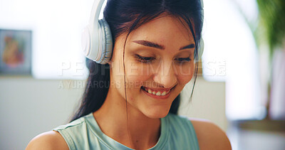 Buy stock photo Music, woman and headphones with smile in home for audio playlist, streaming service or listening to radio. Girl, sound and happy with track, song subscription and podcast for relax in living room