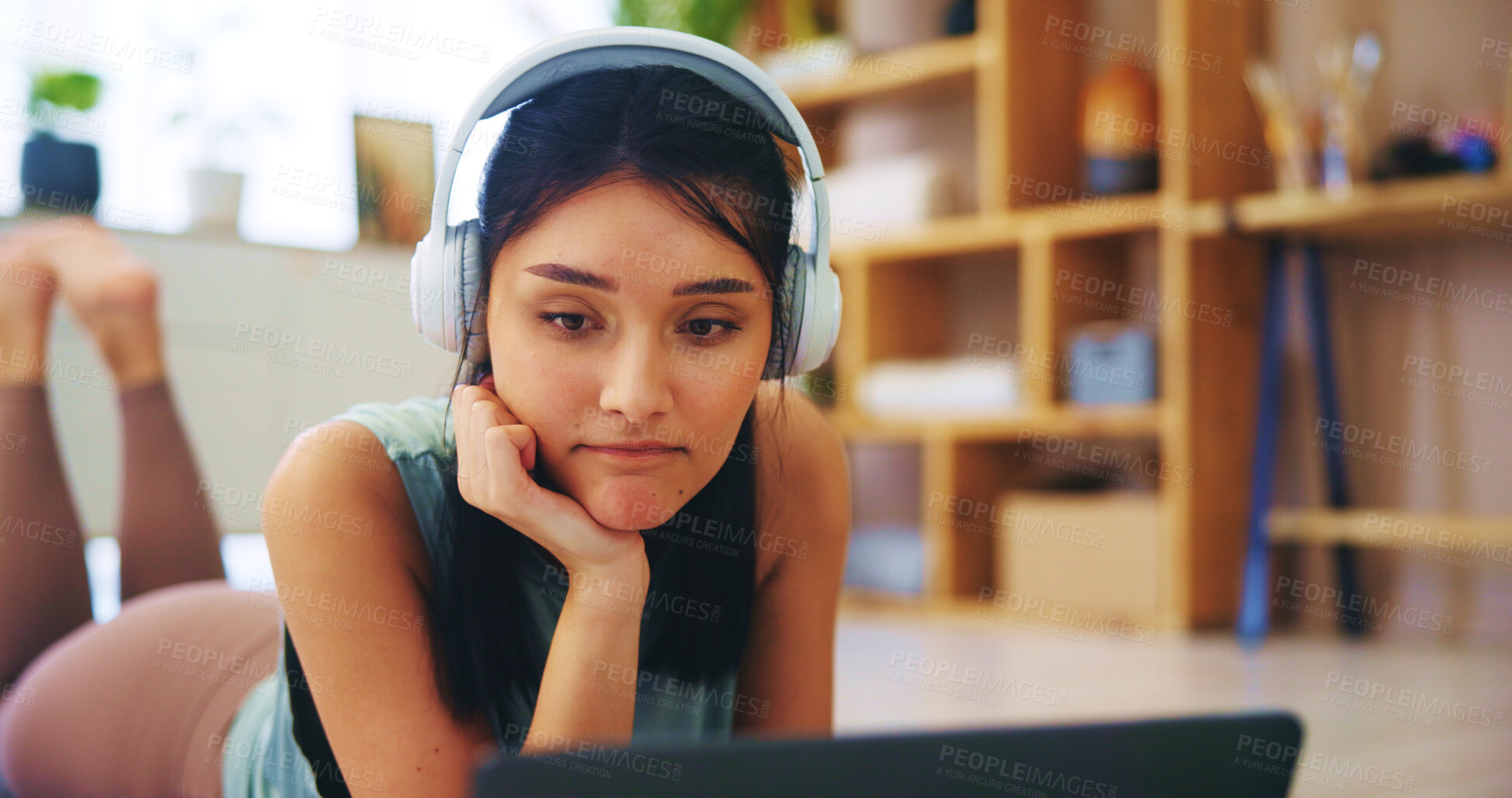 Buy stock photo Headphones, laptop and yoga with woman in living room for streaming service, online class and fitness. Social media, pilates and subscribe with person watching at home for health, audio and tutorial