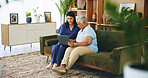 Laptop, old woman or caregiver in home with healthcare results or medical diagnosis in retirement. Elderly, pensioner or senior female person with technology, patient info or nurse for reading news