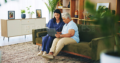 Buy stock photo Laptop, old woman or caregiver in home with healthcare results or medical diagnosis in retirement. Elderly, pensioner or senior female person with technology, patient info or nurse for reading