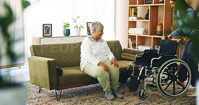 Buy stock photo Elderly woman, wheelchair and nurse at retirement home for care, support and mobility as pensioner. Senior, female person with disability and caregiver for arthritis, assistance and balance in clinic