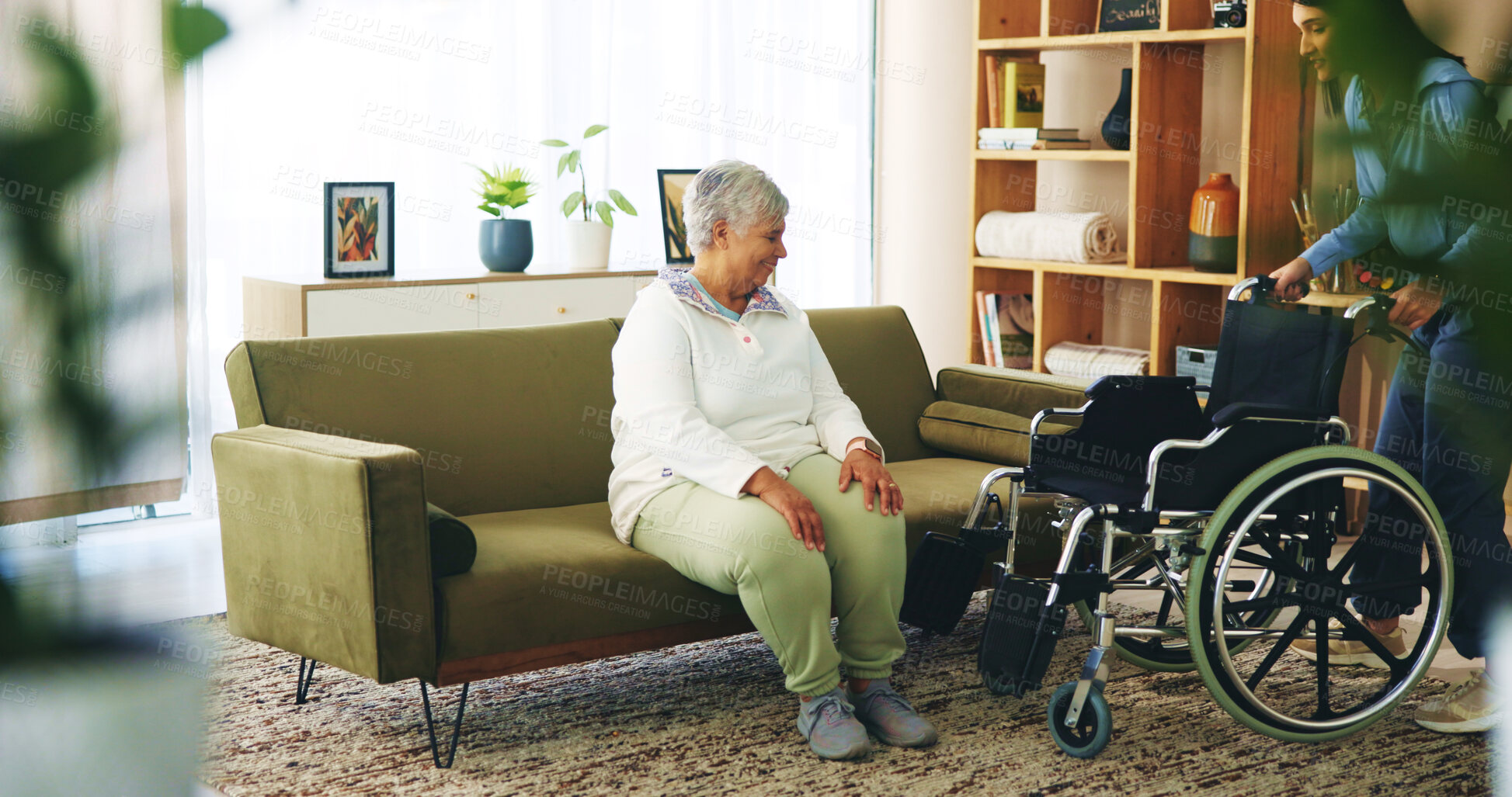 Buy stock photo Elderly woman, wheelchair and nurse at retirement home for care, support and mobility as pensioner. Senior, female person with disability and caregiver for arthritis, assistance and balance in clinic