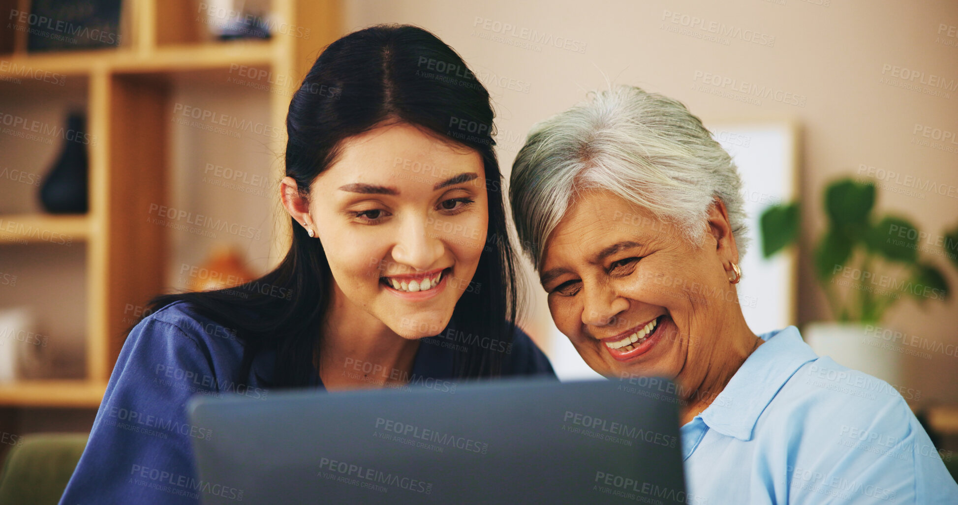 Buy stock photo Laptop, happy senior woman or nurse in retirement home with healthcare results or medical diagnosis. Good news, pensioner or elderly person with technology, patient info or caregiver for wellness 