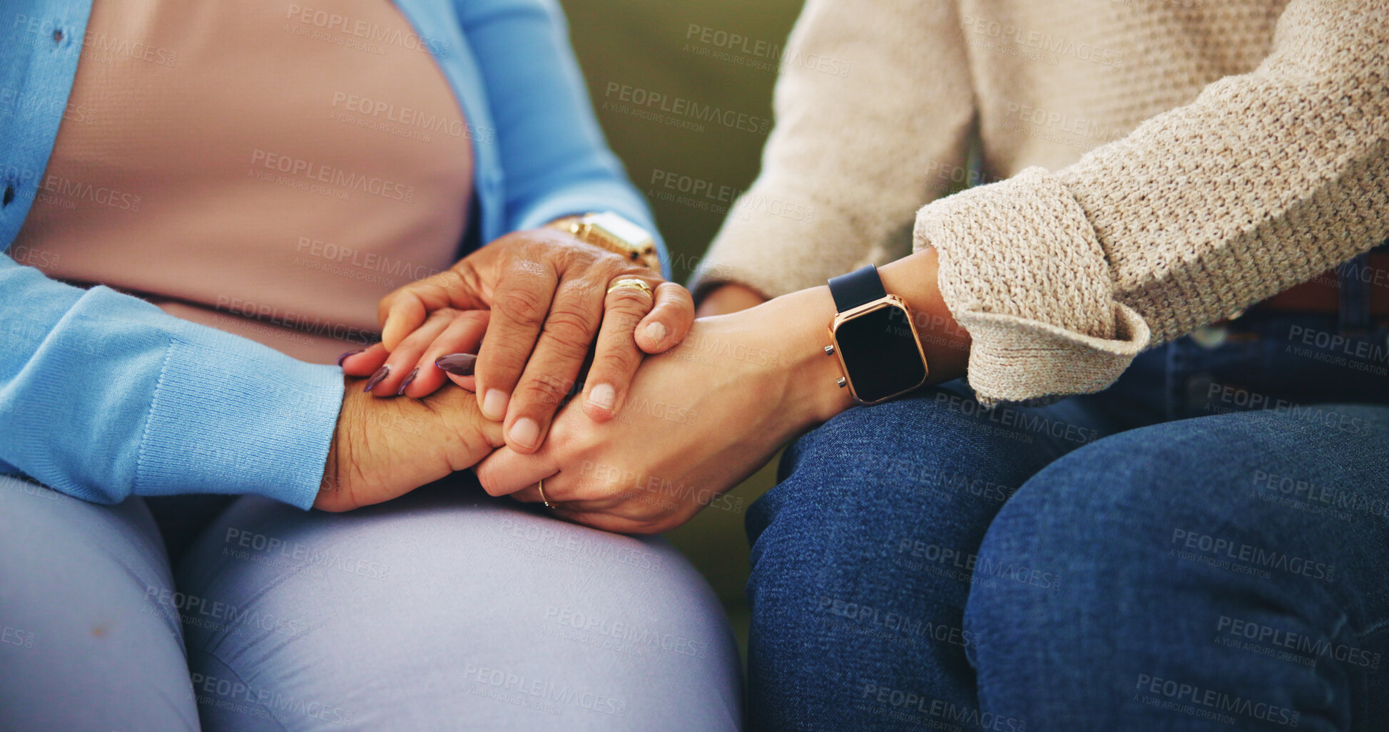 Buy stock photo Senior woman, friend and holding hands for empathy in home with grief, support and compassion for loss. Sympathy, people and closeup of comfort on sofa for care, wellbeing and help with mental health