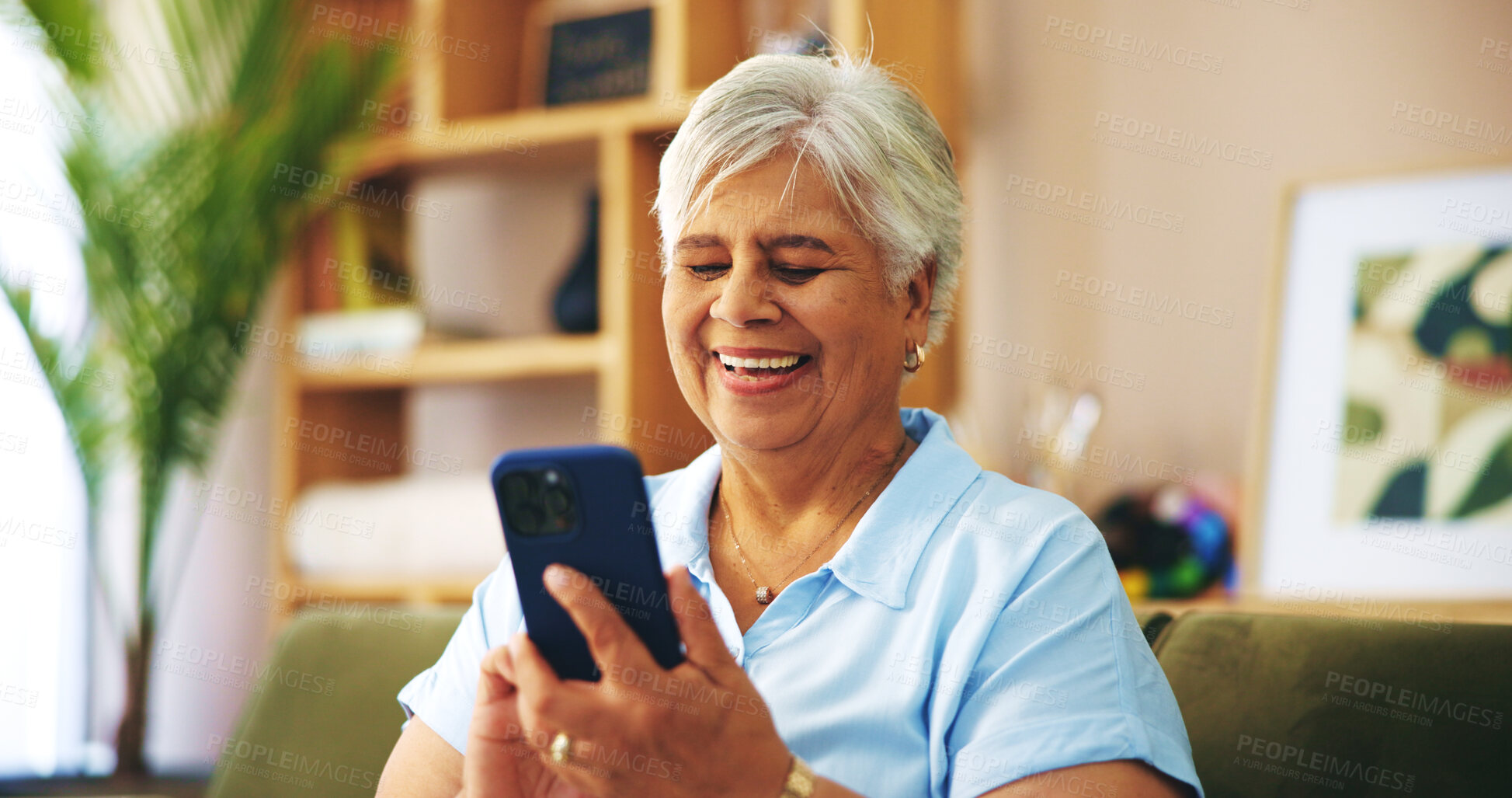 Buy stock photo Senior woman, laugh and texting on sofa in home with chat, contact or scroll with connection on web. Elderly person, smartphone and happy on couch, funny memory or mobile app on social media in house