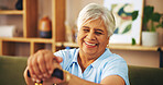 Elderly woman, cane and happy in portrait at retirement home for care, support or mobility. Senior, female person and walking stick in lounge for arthritis, injury and balance with smile as pensioner