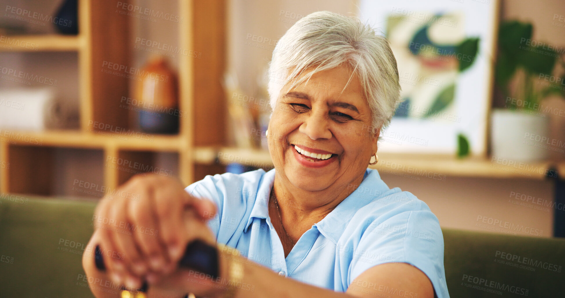 Buy stock photo Elderly woman, cane and happy in portrait at retirement home for care, support or mobility. Senior, female person and walking stick in lounge for arthritis, injury and balance with smile as pensioner