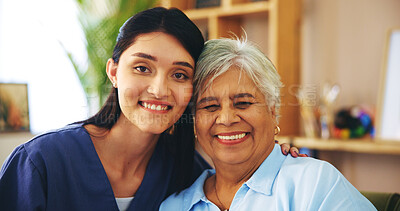 Buy stock photo Nurse, elderly woman and portrait with smile in lounge for medicine, trust and assisted living. Senior person, caregiver and happiness in retirement or nursing home for health, wellness and pensioner