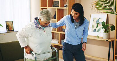 Buy stock photo Senior woman, walker and arthritis with physiotherapist for wellness, rehabilitation and help. People, pensioner and support as consultation or recovery in physiotherapy, healthcare service or clinic